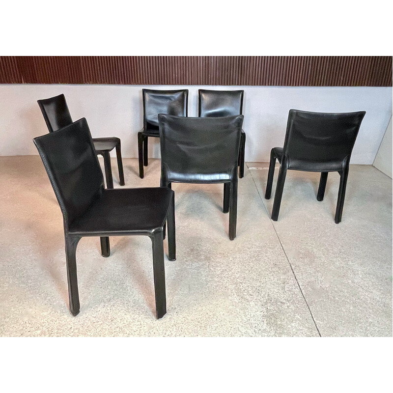 Conjunto de 6 cadeiras de couro vintage Italian Cab 412 de Mario Bellini para Cassina, 1970