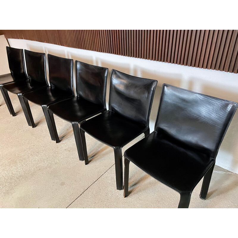 Set of 6 Italian vintage Cab 412 chairs in leather by Mario Bellini for Cassina, 1970s