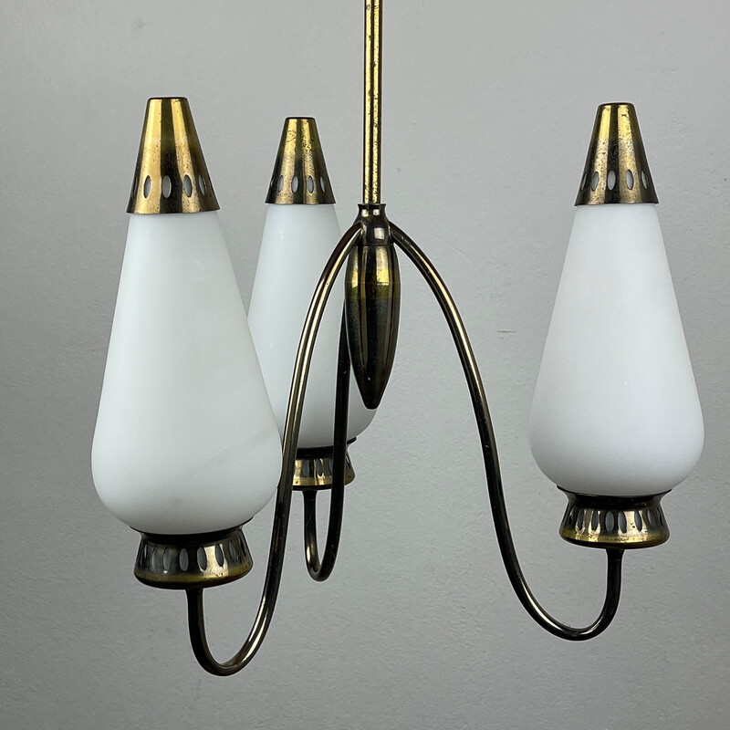 Vintage brass and milky glass chandelier, Italy 1960s