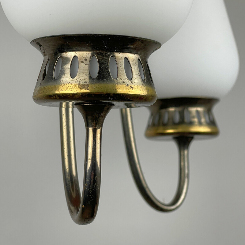 Vintage brass and milky glass chandelier, Italy 1960s