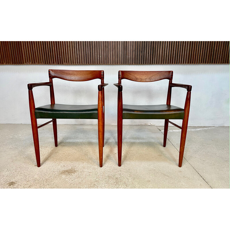 Paar vintage Deense fauteuils in teak met leren zittingen door H.W. Klein voor Bramin, jaren 1960