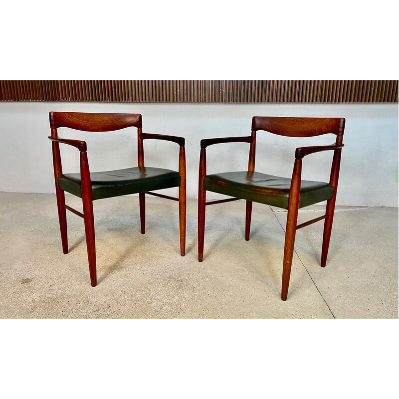 Paar vintage Deense fauteuils in teak met leren zittingen door H.W. Klein voor Bramin, jaren 1960