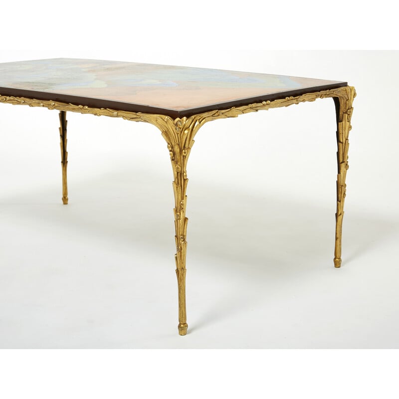 Vintage bamboo and bronze lacquer coffee table by Maison Baguès, 1960