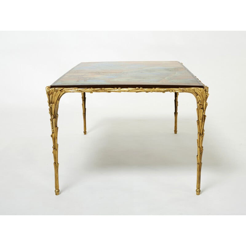 Table basse vintage en bambou et bronze laque de Chine par la Maison Baguès, 1960