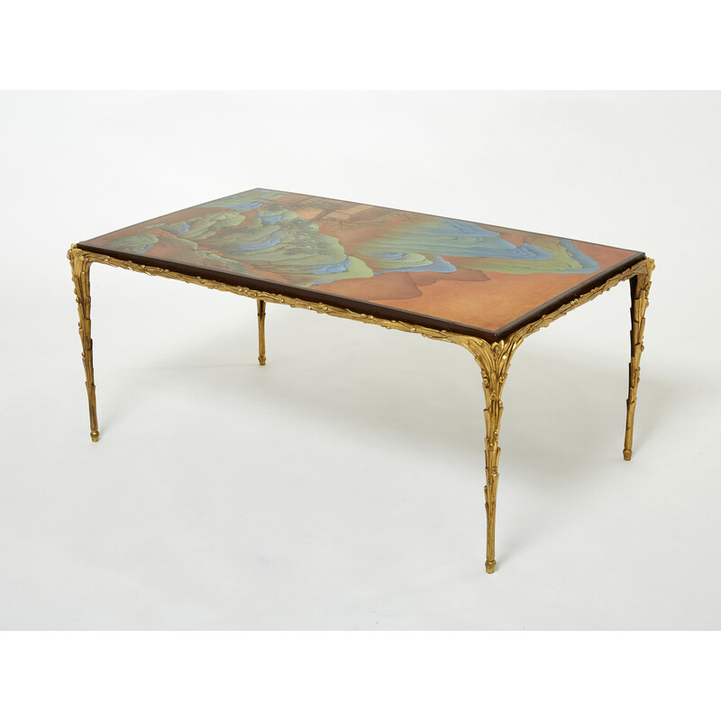 Vintage bamboo and bronze lacquer coffee table by Maison Baguès, 1960