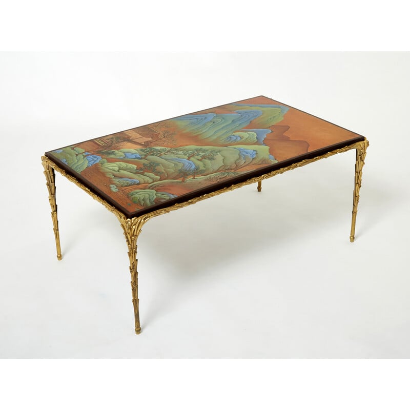 Table basse vintage en bambou et bronze laque de Chine par la Maison Baguès, 1960