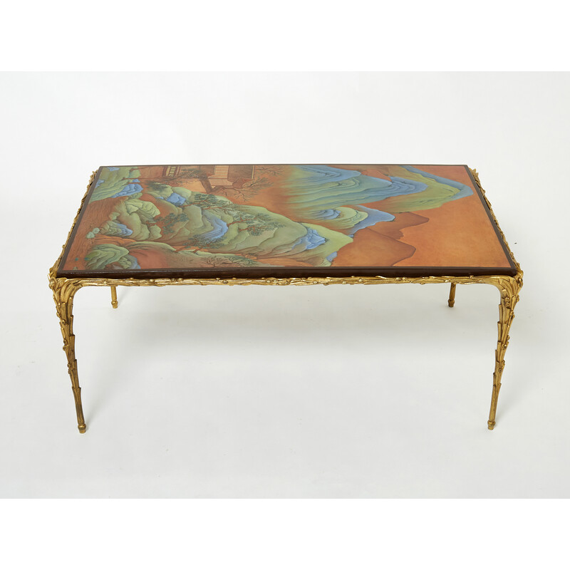 Table basse vintage en bambou et bronze laque de Chine par la Maison Baguès, 1960