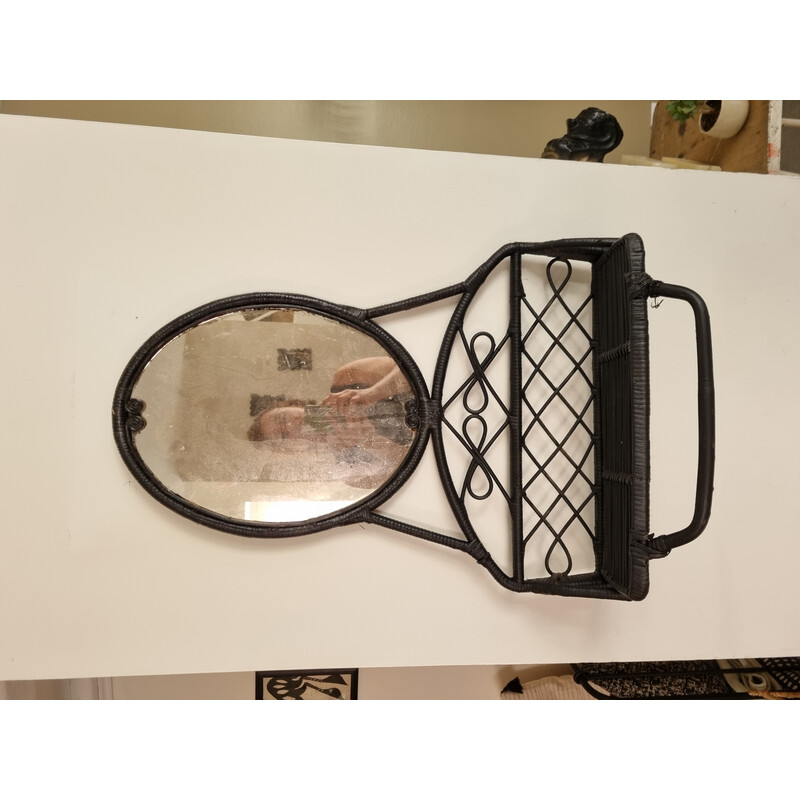 Vintage-Rattan-Spiegel mit faltbarem Regal