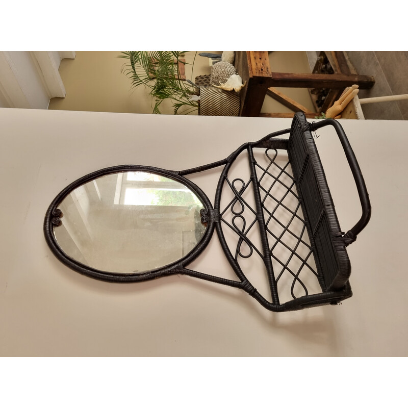 Vintage rattan mirror with folding shelf