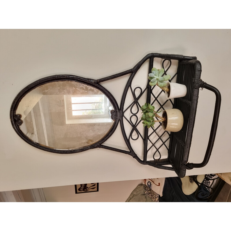 Specchio vintage in rattan con mensola pieghevole