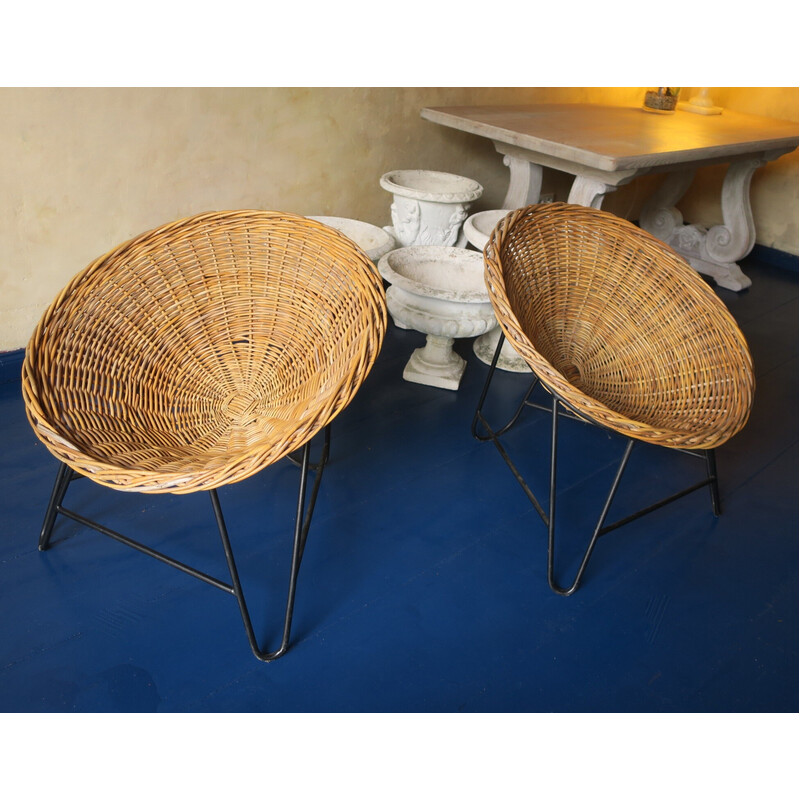 Pair of mid-century bamboo and iron pod armchairs, 1960s