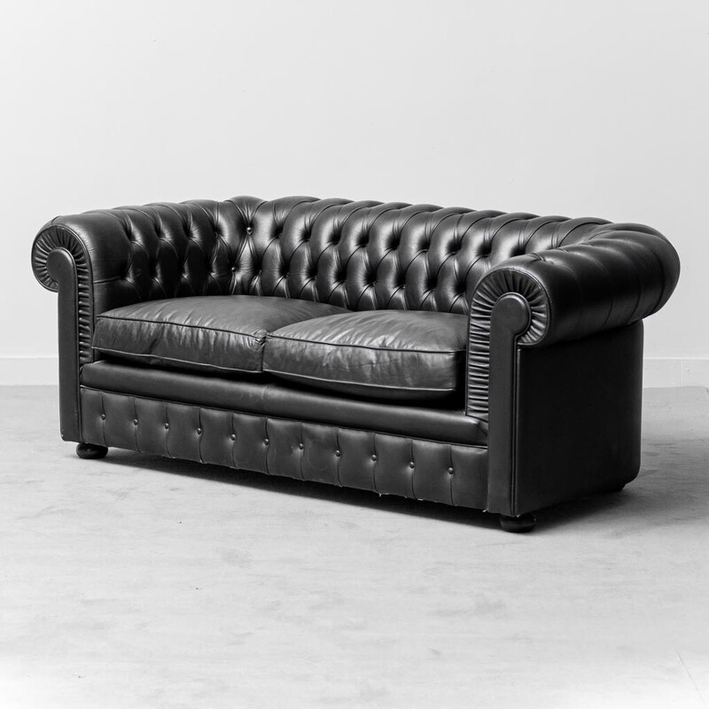 Canapé Chesterfield vintage en cuir noir, 1970