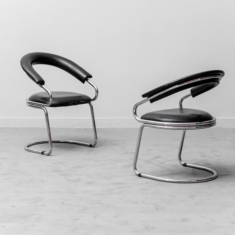 Pair of vintage armchairs in leather and metal by Giotto Stoppino, 1970s