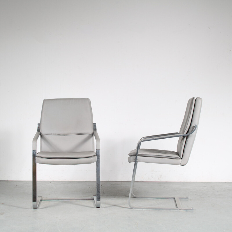 Vintage office armchair in chrome plated metal with grey leather upholstered, Germany 1970s