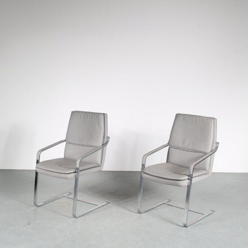 Vintage office armchair in chrome plated metal with grey leather upholstered, Germany 1970s