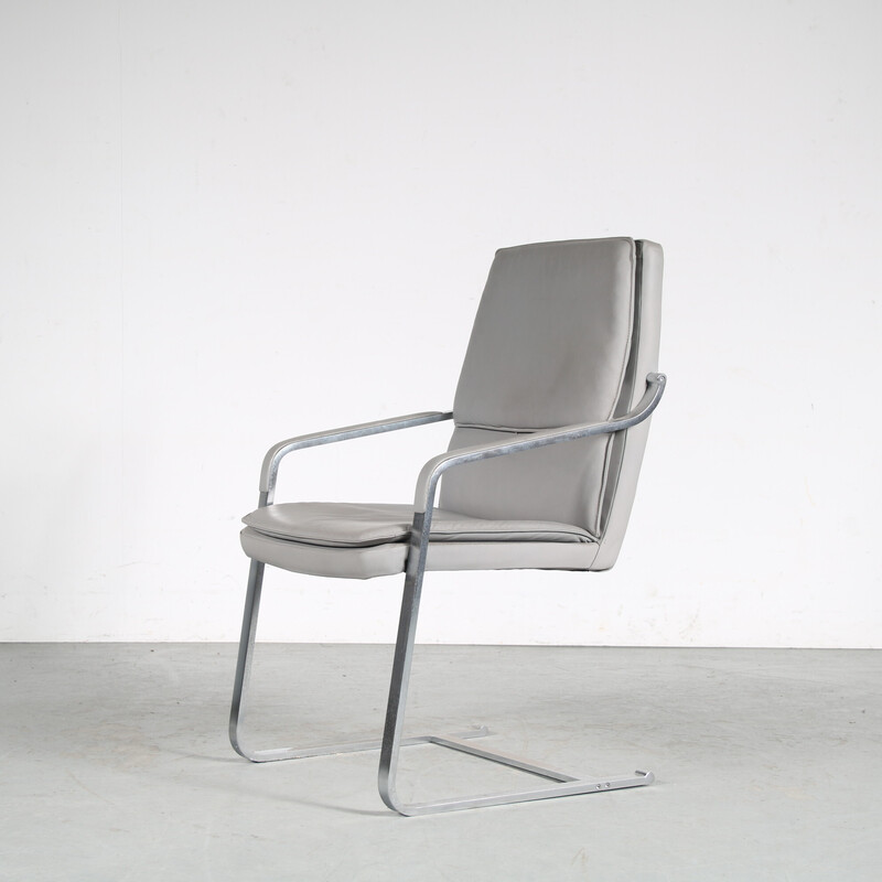 Vintage office armchair in chrome plated metal with grey leather upholstered, Germany 1970s