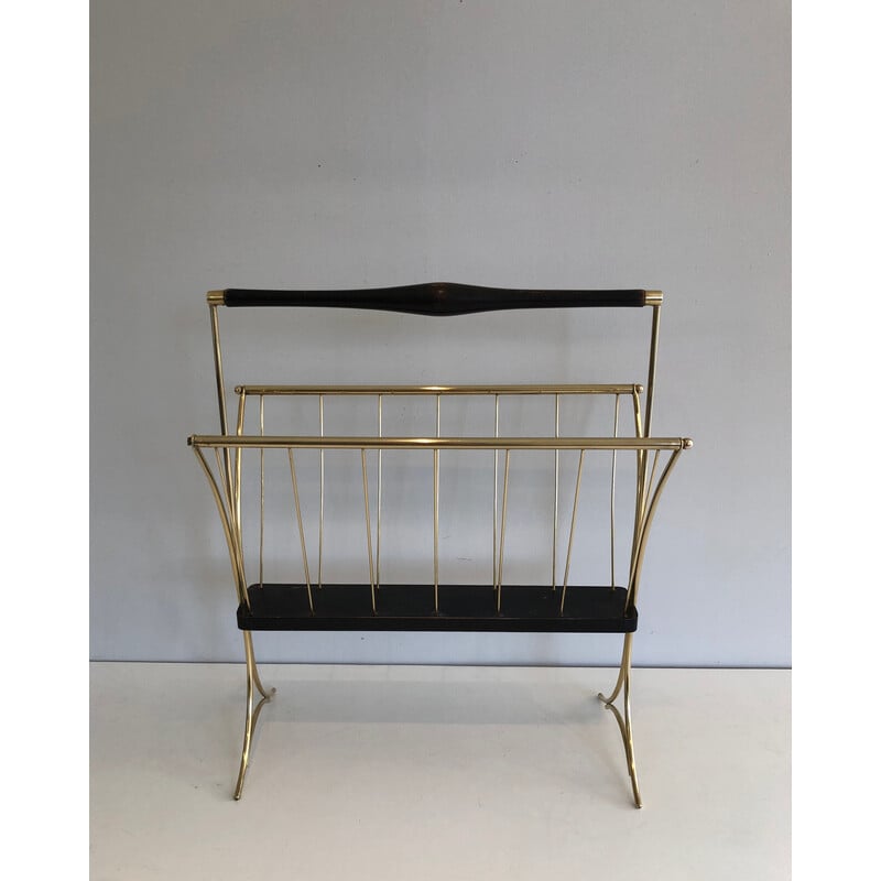 Vintage magazine rack in blackened wood and brass, 1950