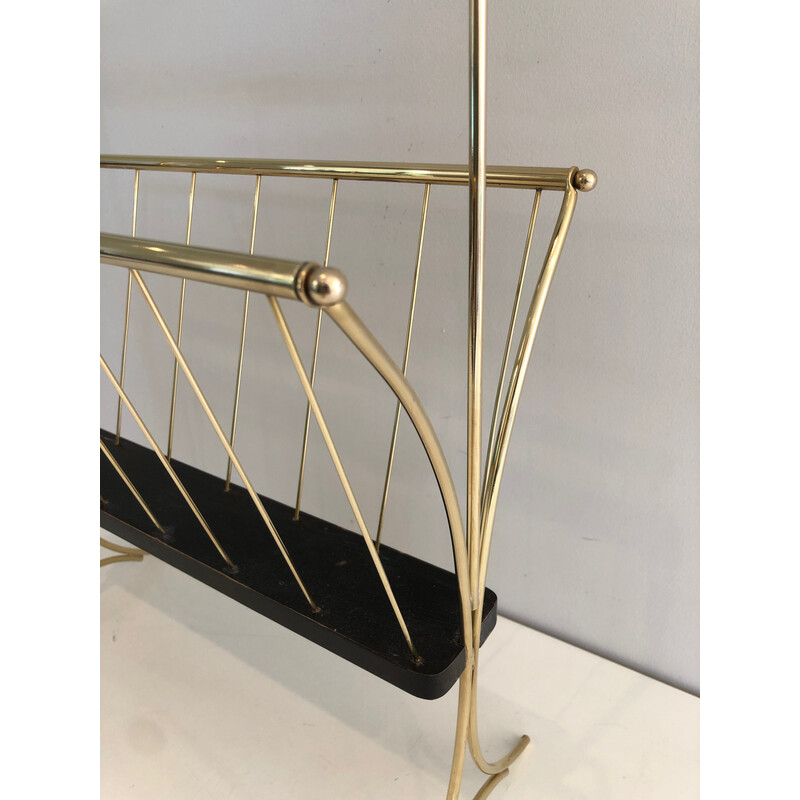 Vintage magazine rack in blackened wood and brass, 1950