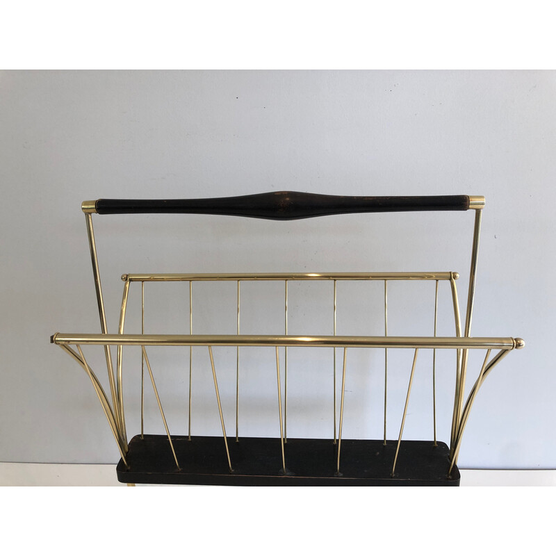 Vintage magazine rack in blackened wood and brass, 1950