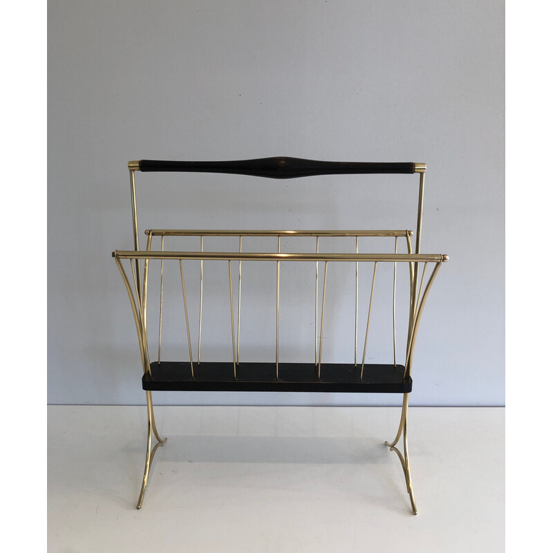 Vintage magazine rack in blackened wood and brass, 1950