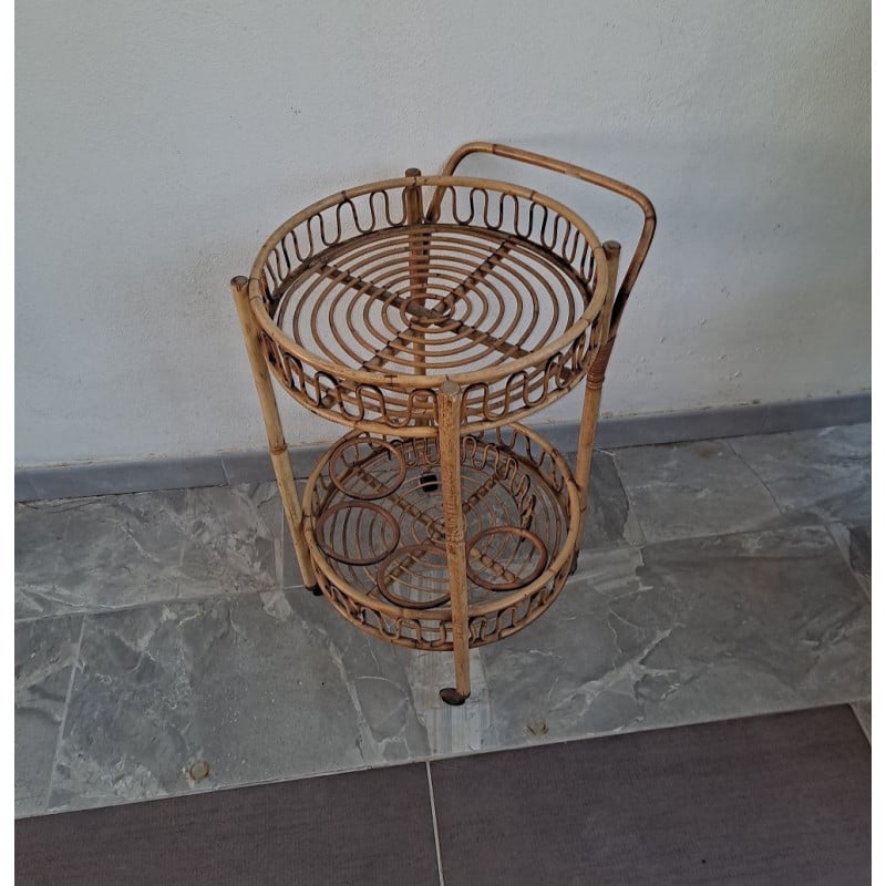 Mid-century Italian bamboo and rattan round bar trolley, 1960s