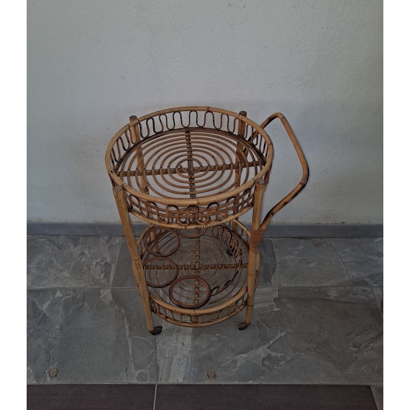 Mid-century Italian bamboo and rattan round bar trolley, 1960s