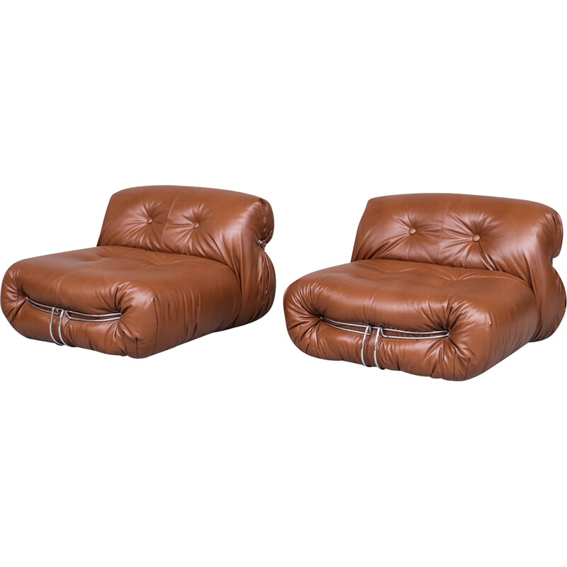 Pair of vintage leather Soriana armchairs by Scarpa for Cassina, Italy 1970s