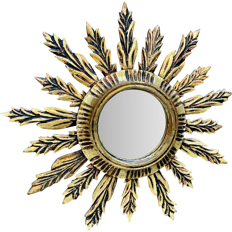 Vintage sunburst wall mirror with gilded wood, France 1930s