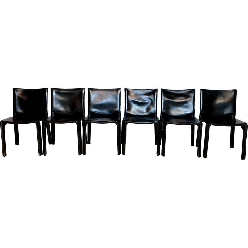 Set of 6 Italian vintage Cab 412 chairs in leather by Mario Bellini for Cassina, 1970s