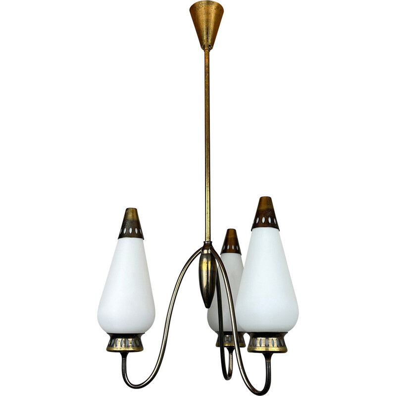 Vintage brass and milky glass chandelier, Italy 1960s