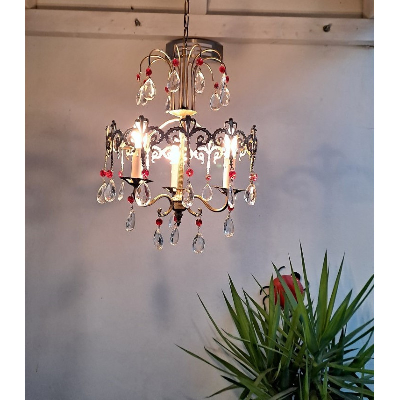 Vintage Italian red chandelier in brass and crystal