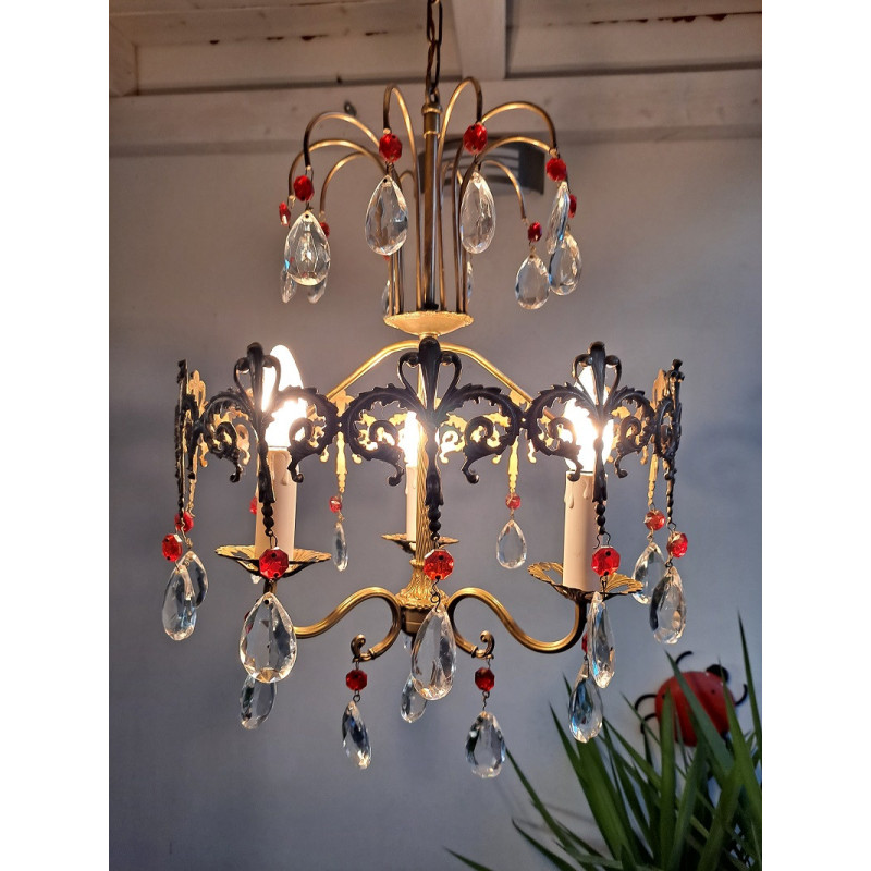 Vintage Italian red chandelier in brass and crystal