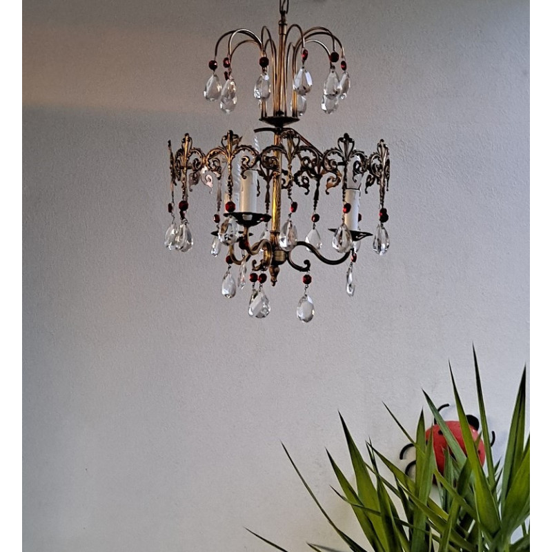 Vintage Italian red chandelier in brass and crystal