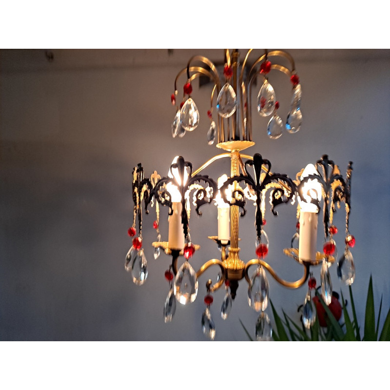 Vintage Italian red chandelier in brass and crystal