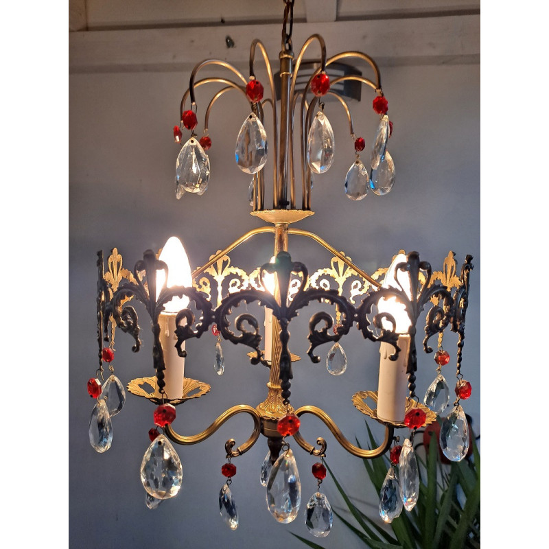 Vintage Italian red chandelier in brass and crystal