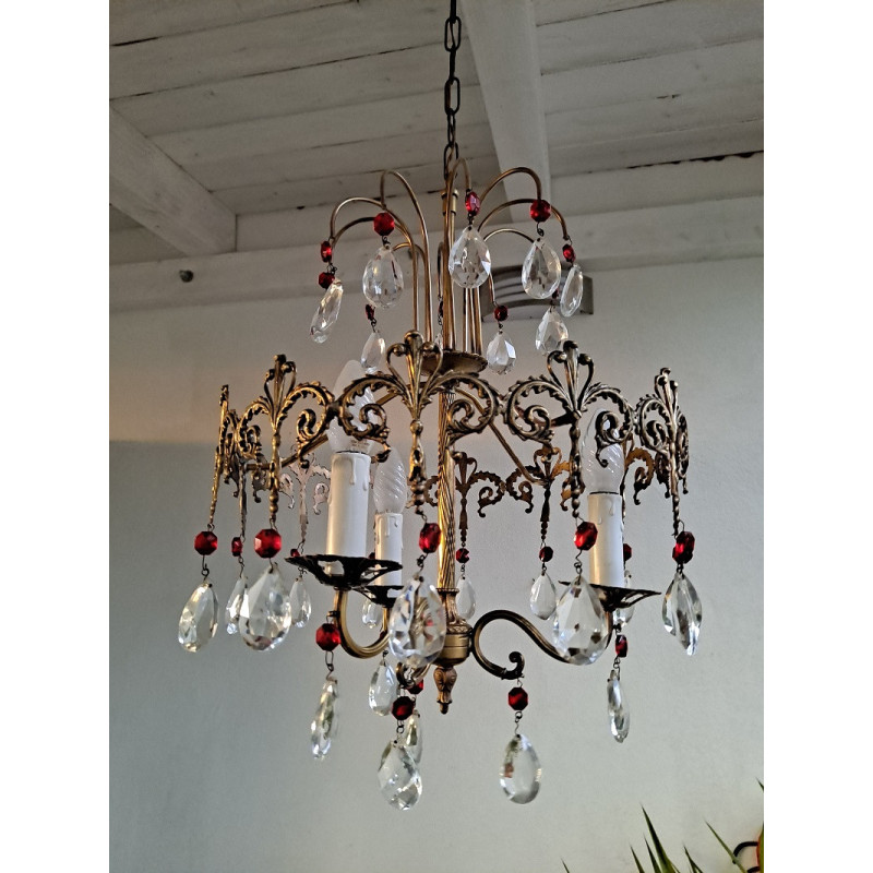 Vintage latão vermelho italiano e candelabro de cristal