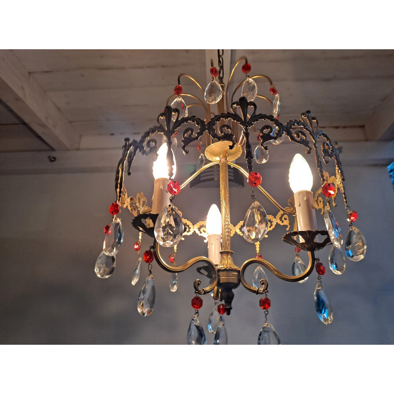 Lampadario italiano vintage in ottone rosso e cristallo