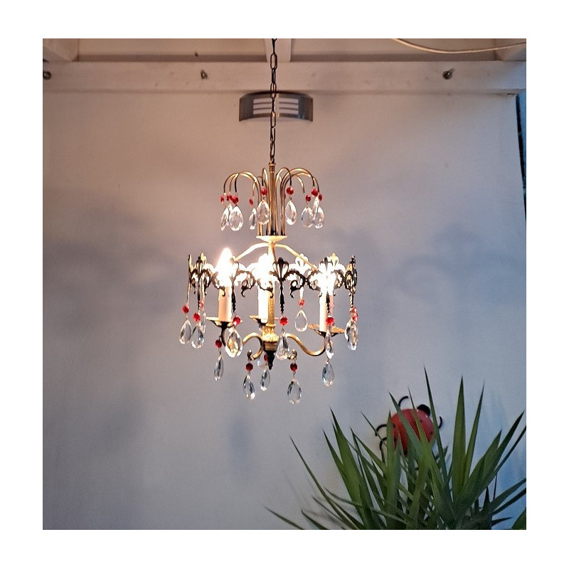 Vintage Italian red chandelier in brass and crystal