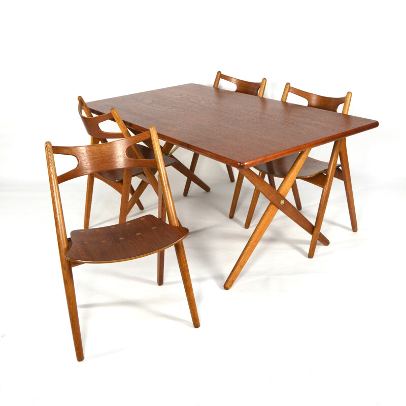 Set table à repas "AT-303" avec plateau en teck et chaises "Sawbuck" - Hans J. WEGNER - 1950