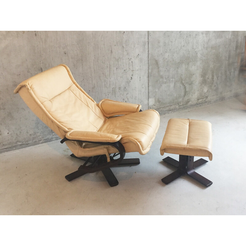 Mid century Norwegian leather reclining armchair and footstool - 1970