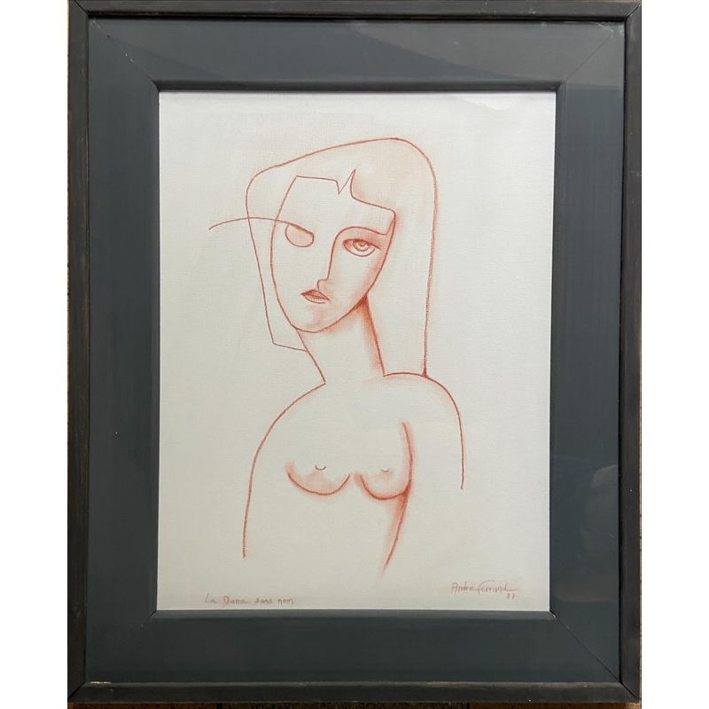 Vintage sanguine pastel on paper "The lady with no name" by André Ferrand, 1987