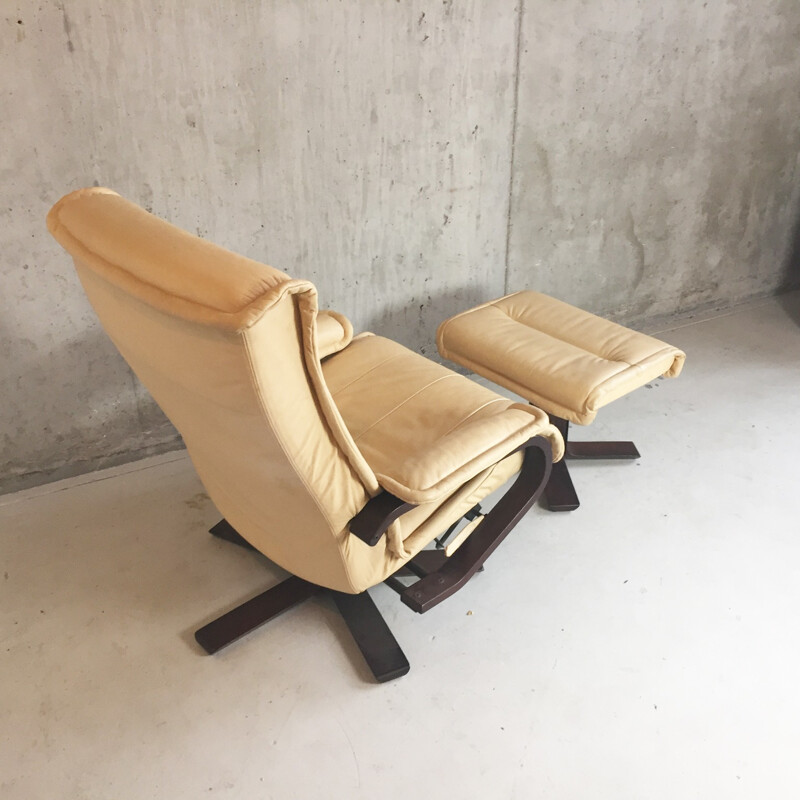 Mid century Norwegian leather reclining armchair and footstool - 1970