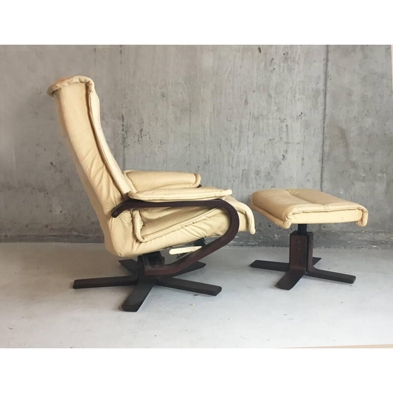 Mid century Norwegian leather reclining armchair and footstool - 1970