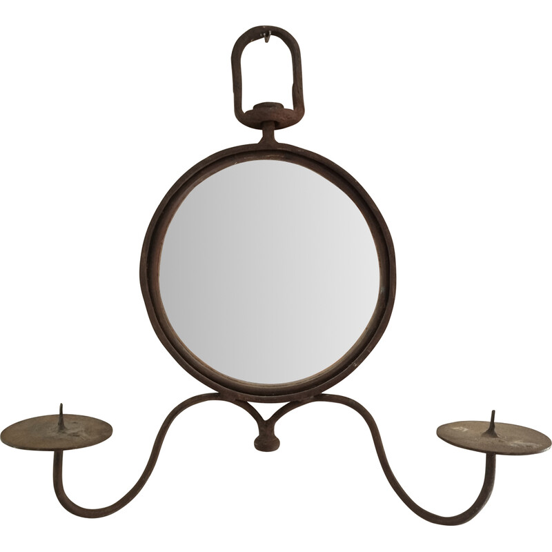 Vintage Brutalist cast iron chandelier mirror