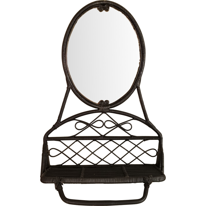 Specchio vintage in rattan con mensola pieghevole