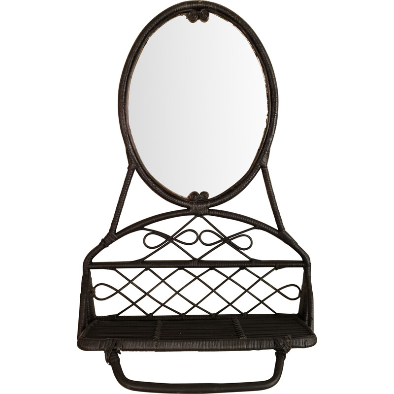 Vintage rattan mirror with folding shelf