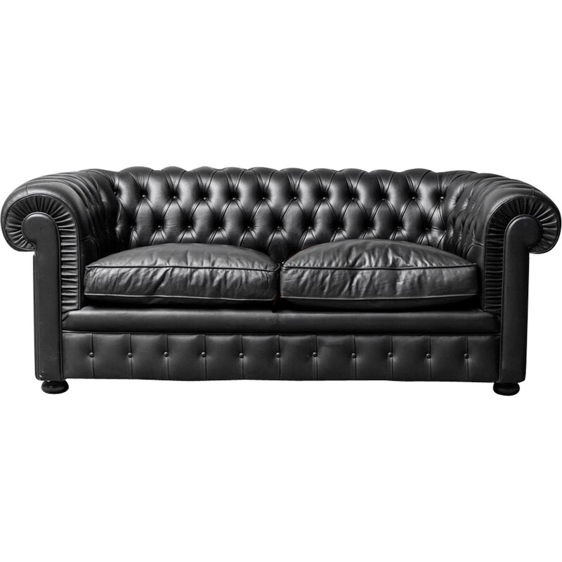 Vintage Chesterfield black leather sofa, 1970s