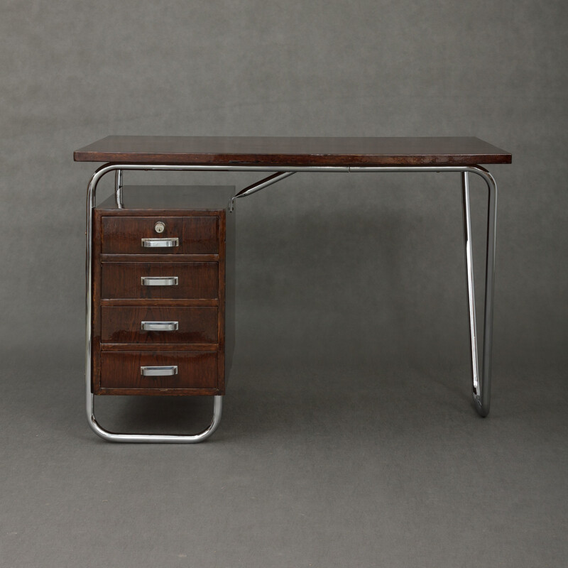 Konova Bauhaus brown chromed metal and oakwood desk, Petr VICHR - 1930s