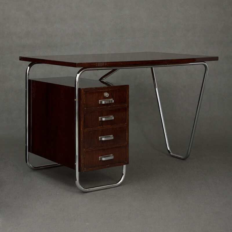 Konova Bauhaus brown chromed metal and oakwood desk, Petr VICHR - 1930s