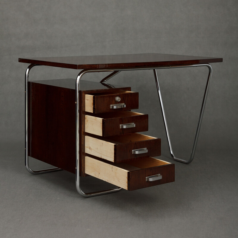 Konova Bauhaus brown chromed metal and oakwood desk, Petr VICHR - 1930s